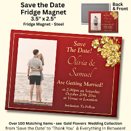 Imán Save The Date Photo, Gold Flowers on Maroon Fridge