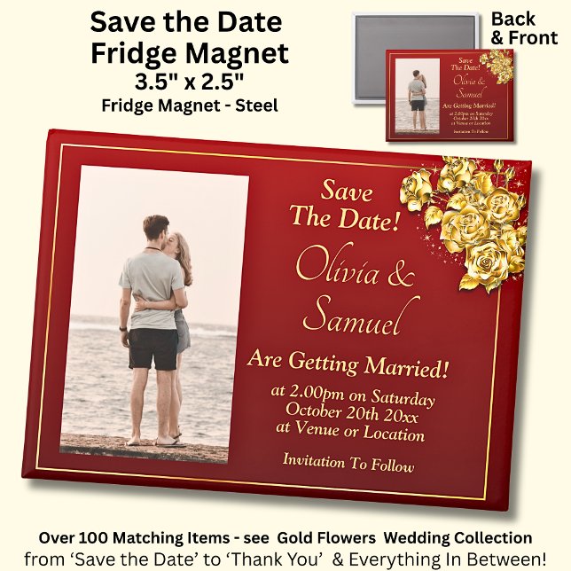 Imán Save The Date Photo, Gold Flowers on Maroon Fridge (Subido por el creador)