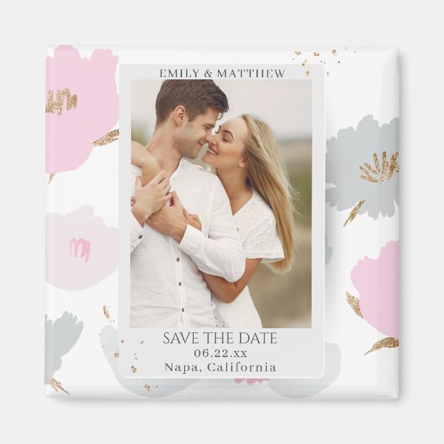 Imán Save the Date Romantic Couple Purpurina Floral Pho (Frente)