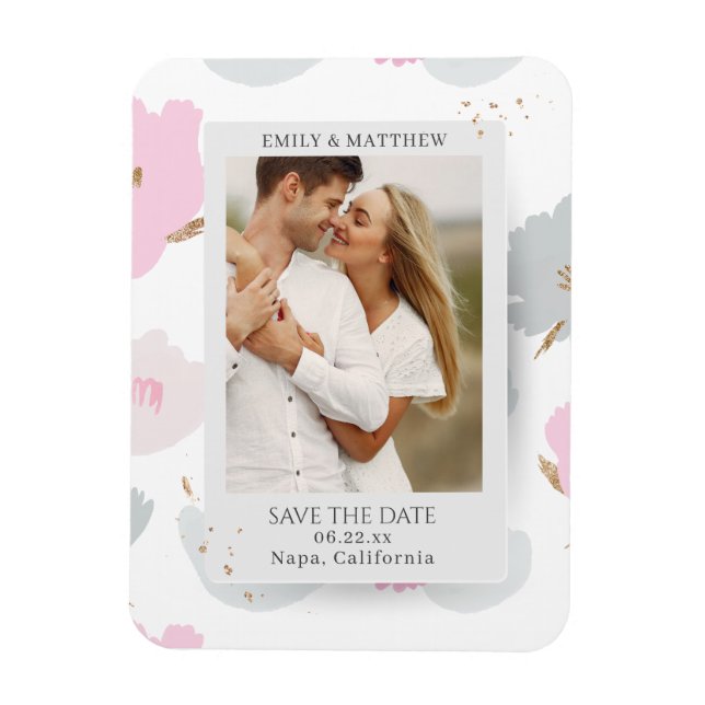 Imán Save the Date Romantic Couple Purpurina Floral Pho (Vertical)