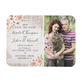 Imán Save the Date Rustic Wood & Romantic Rosas Photo