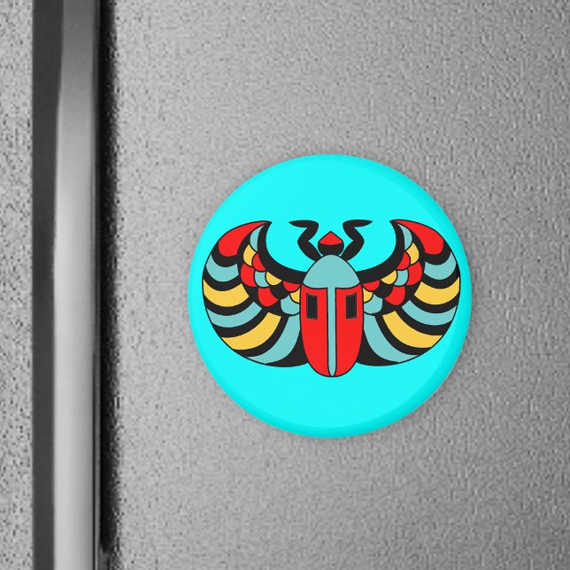 Imán Scarab de Egipto (Abstract Scarab beetle with colourful markings on aqua blue round magnet.)