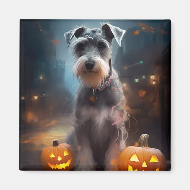 Imán Schnauzer de Halloween con calabazas aterradoras (Frente)