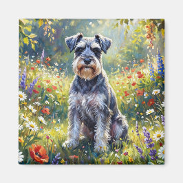Imán Schnauzer en prado de flores silvestres