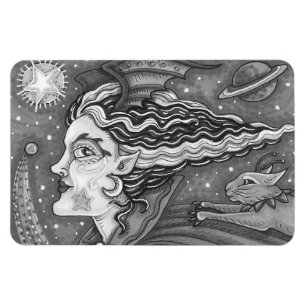 IMÁN SCI FI SPACE WITCH & COMET CAT HUMOROUS HALLOWEEN