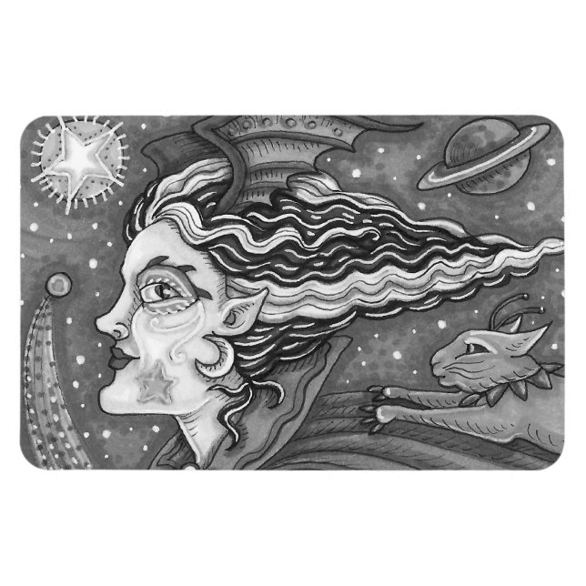 IMÁN SCI FI SPACE WITCH & COMET CAT HUMOROUS HALLOWEEN (Horizontal)