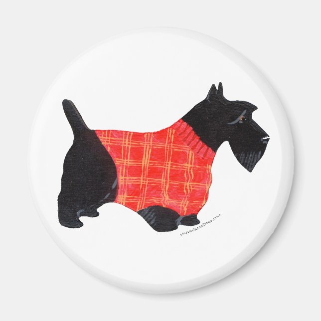 Imán Scottie con suéter a cuadros rojos (Frente)