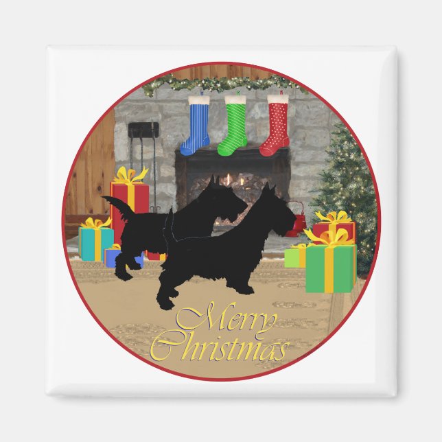 Imán Scotties de Navidad junto a la chimenea (Frente)