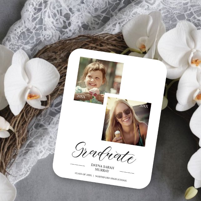 Imán Script De Dos Fotos Personalizados De Entonces Y A (Then & Now Graduation Two Custom Photos Script Magnet.)