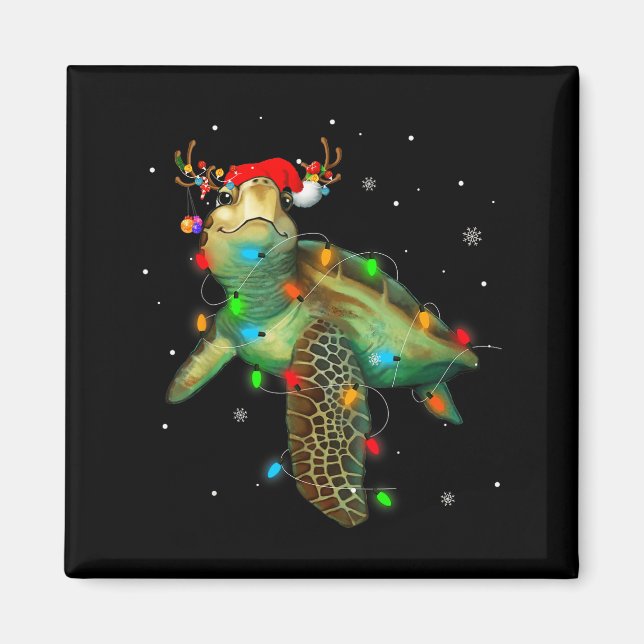 Imán Sea Turtle Christmas Lights Funny Santa Hat Merry  (Frente)