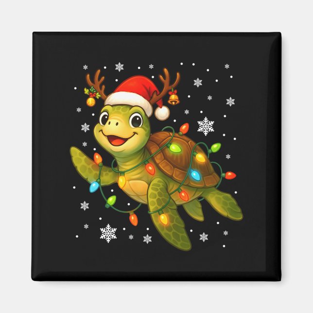 Imán Sea Turtle Christmas Lights Funny Santa Hat Merry  (Frente)