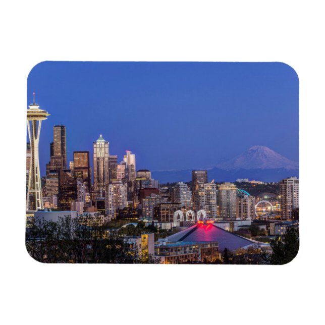 Imán Seattle, centro y Mt. Rainier al anochecer (Horizontal)