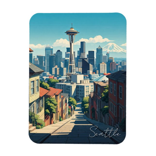 Imán Seattle Washington Space Needle Mt Rainier (Vertical)