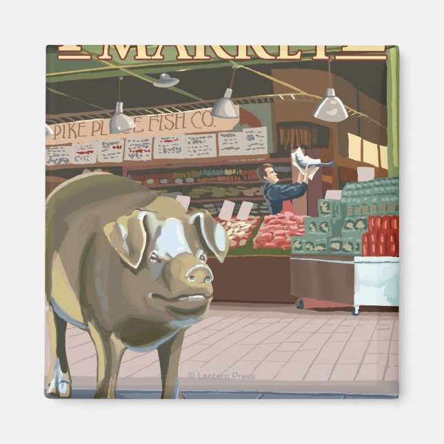 Imán SeattleFish Toss y Cerdo de bronce en Pike Place (Frente)