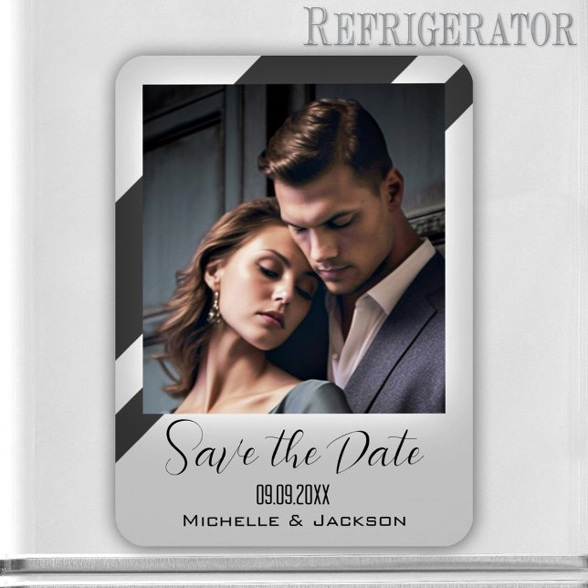 Imán Sencillo Elegante Gris Rayado Foto Guardar la Fech (Save the Date magnet featuring your own photo framed by a simple grey design with stripes.)