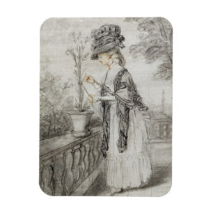 Imán Señora en una terraza que tiende una planta del