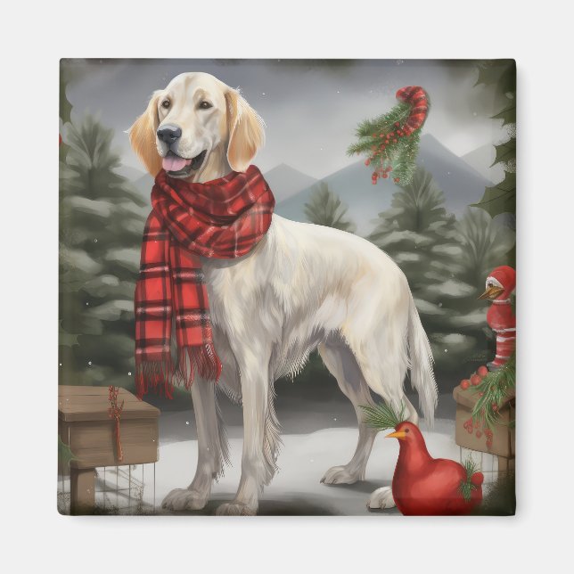 Imán Setter Inglés Perro en Navidad Nieve (Frente)