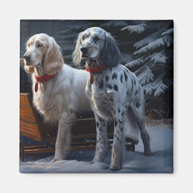 Imán Setter Inglés Sleigh Nevado Decoración Navidad  (Frente)