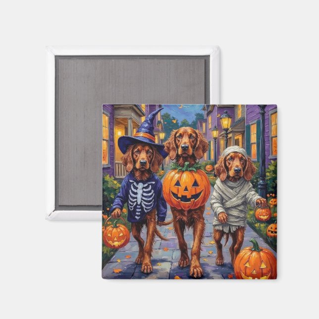 Imán Setter Rojo Irlandés Pidiendo Dulces en Halloween (Anverso/Reverso)
