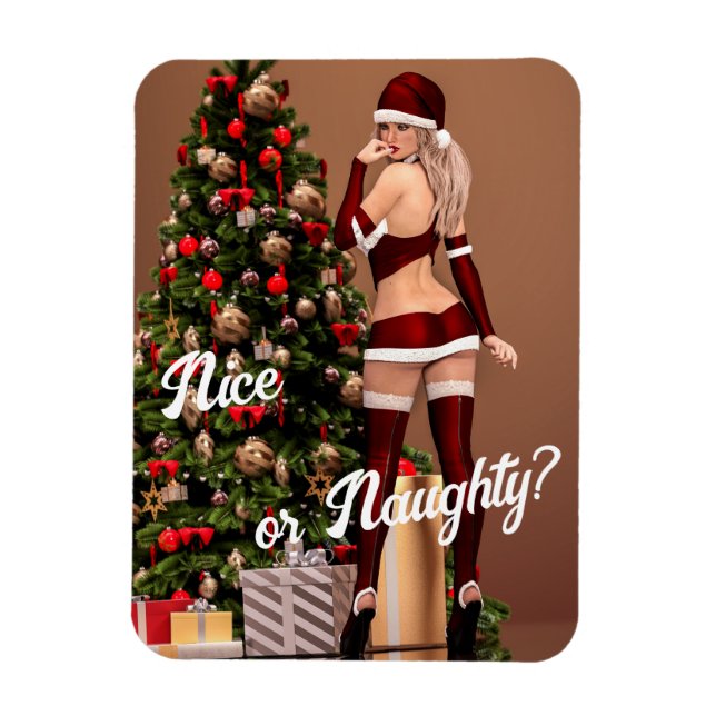Imán Sexy Santa Chica cerca del árbol de Navidad (Vertical)