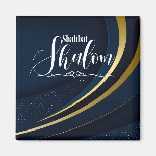 Imán Shabbat Shalom Azul Dorado Línea Franja Geométrica