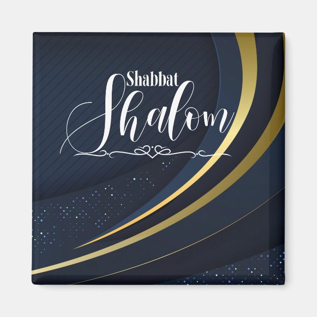 Imán Shabbat Shalom Azul Dorado Línea Franja Geométrica (Frente)
