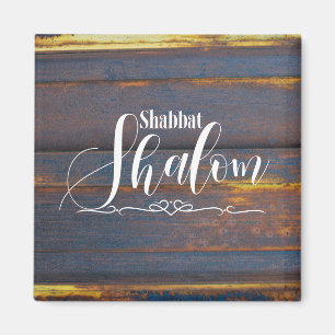 Imán Shabbat Shalom Blue Gold Madera Weathered