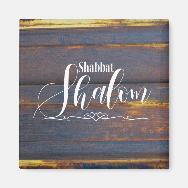 Imán Shabbat Shalom Blue Gold Madera Weathered (Frente)