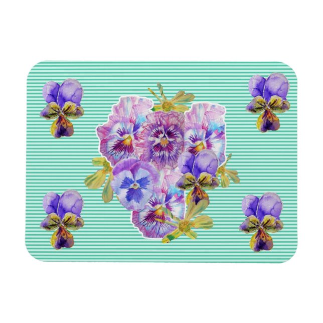 Imán Shabby Chic Pink Pansy Floral Aqua Stripe Magnet (Horizontal)