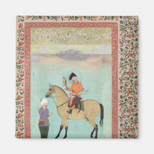 Imán Shah Abbas en un caballo que sostiene un halcón