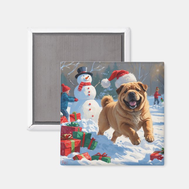 Imán Shar Pei en Nieve con Gorra Navidad (Anverso/Reverso)