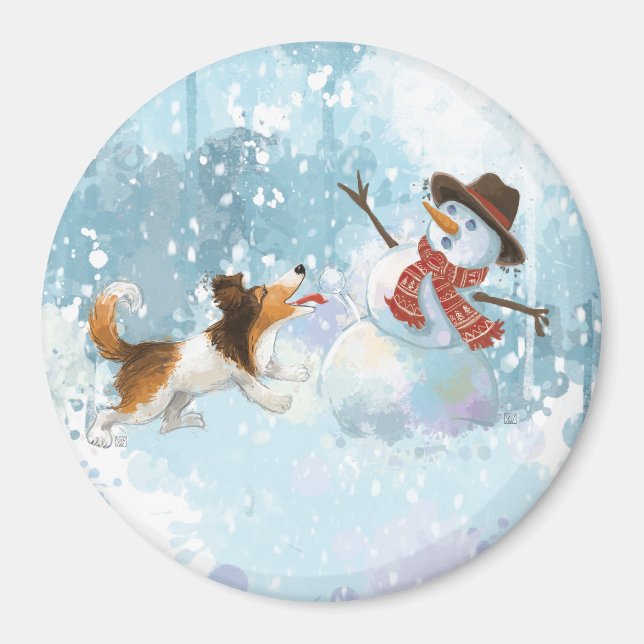 Imán Sheldon el Sheltie y el Muñeco de Nieve (Frente)