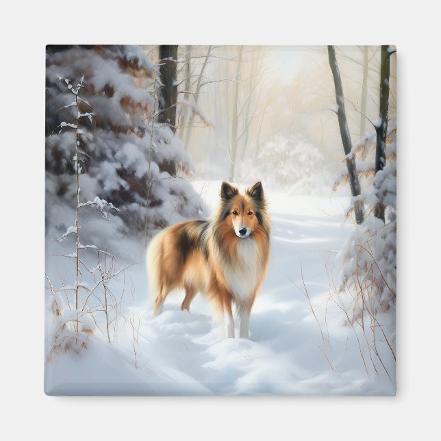 Imán Shetland Sheepdog Deja Que Nieva Navidades (Frente)