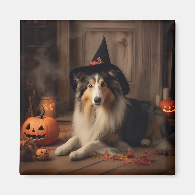 Imán Shetland Sheepdog Pumpkins Halloween Scary (Frente)