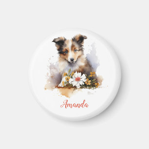 Imán Shetland Sheepdog Puppy Mascota Flor acuática