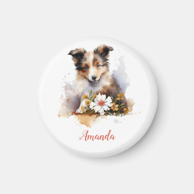 Imán Shetland Sheepdog Puppy Mascota Flor acuática (Frente)