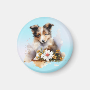 Imán Shetland Sheepdog Puppy Mascota Flor acuática