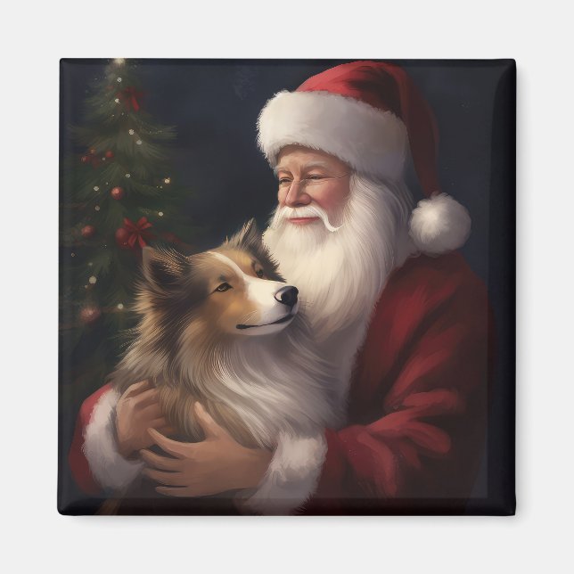 Imán Shetland Sheepdog Santa Claus Navidades festivos (Frente)