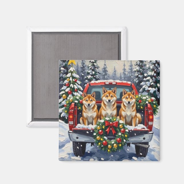 Imán Shiba Inu Christmas Red Truck Holiday (Anverso/Reverso)