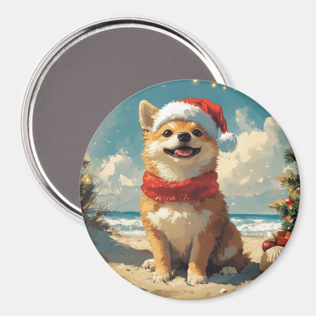 Imán Shiba Inu Dog Navidades Vintage Beach (Anverso/Reverso)