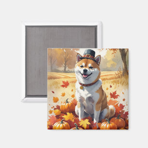 Imán Shiba Inu en hojas de otoño arte de acción de grac
