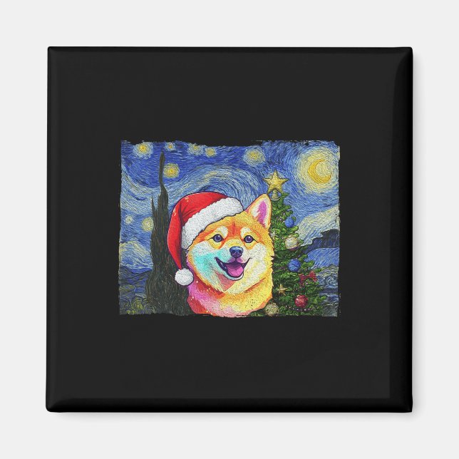 Imán Shiba Inu Santa Hat Navidades de arte nocturno Sta (Frente)