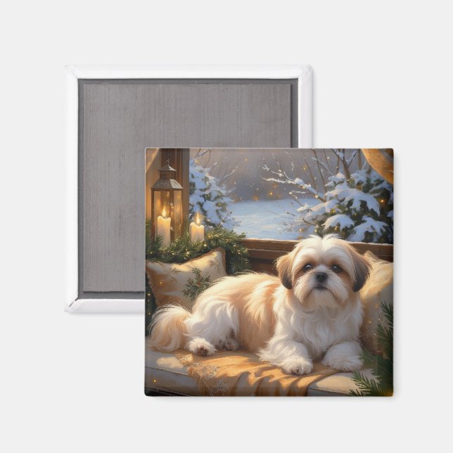 Imán Shih Tzu con vacaciones de Navidades alumbrados (Anverso/Reverso)