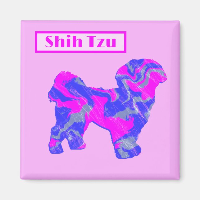 Imán Shih Tzu Cute Dog Silhouette rosa y azul (Frente)