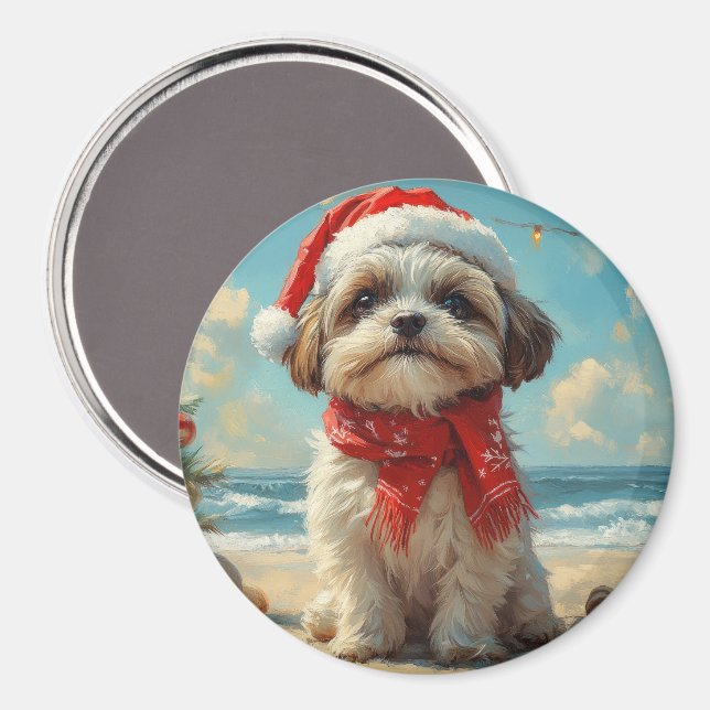 Imán Shih Tzu Dog Navidades Vintage Beach (Anverso/Reverso)