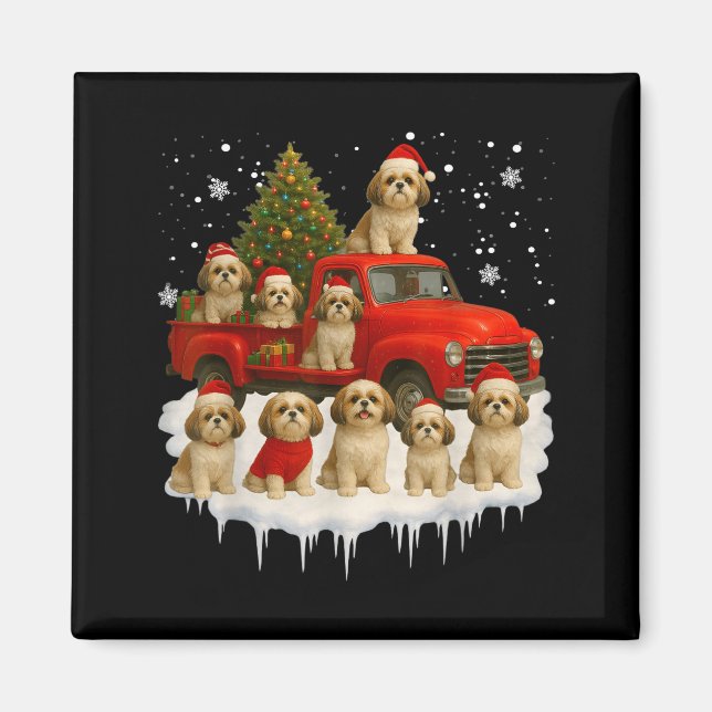 Imán Shih Tzu Dog Red Truck Christmas Tree Santa Ugly X (Frente)