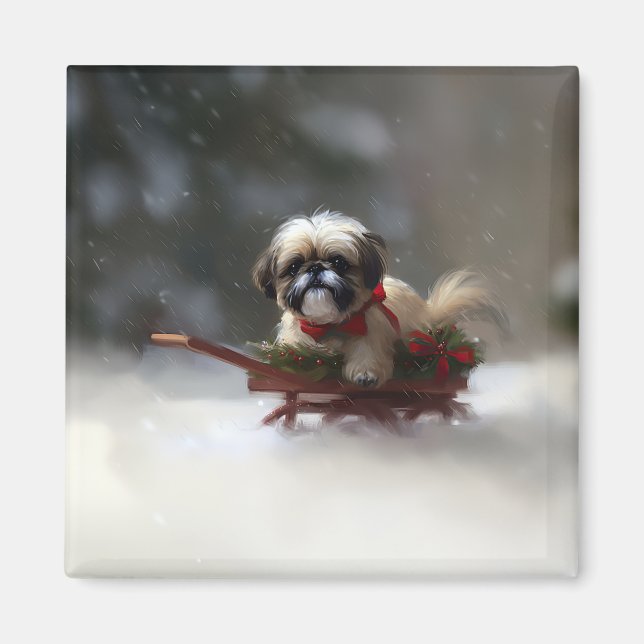 Imán Shih Tzu Navidad nieve invierno (Frente)