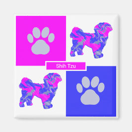 Imán Shih Tzu Silhouette Dog & Paw Pink and Blue Square