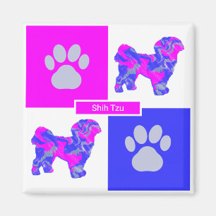 Imán Shih Tzu Silhouette Dog & Paw Pink and Blue Square