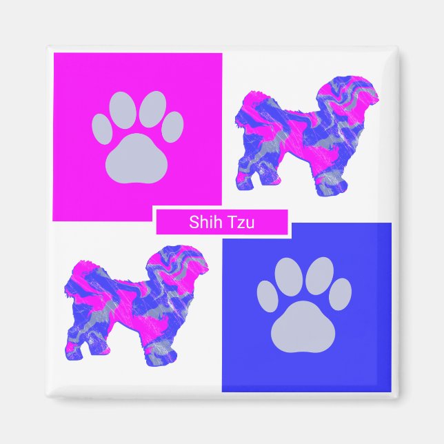 Imán Shih Tzu Silhouette Dog & Paw Pink and Blue Square (Frente)